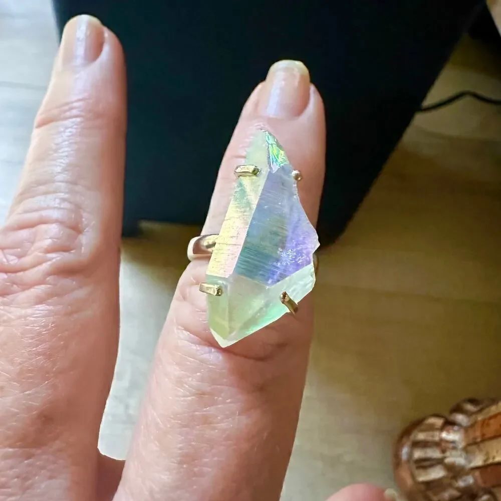 Angel Opal Aura Quartz 925 Sterling Silver Ring